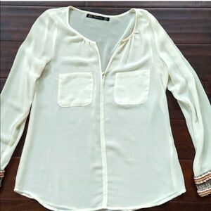 𝅺zara ivory sheer blouse with embroidery and beads on sleeve